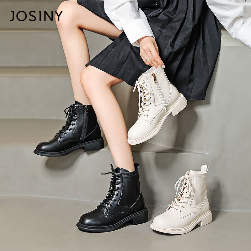 卓诗尼女靴秋冬新款时尚英伦马丁靴通勤百搭粗跟短靴女加绒工装靴