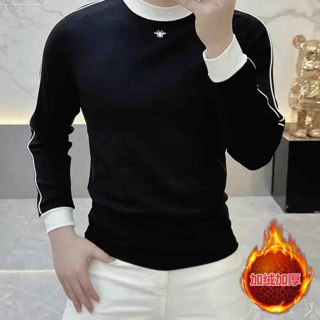 2025新款男士长袖T恤秋冬季加绒修身圆领打底衫潮流百搭休闲上衣