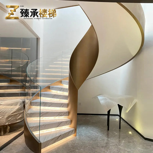 弧形螺旋大理石岩板楼梯钢木定制室内整体别墅覆式阁楼自建房旋转