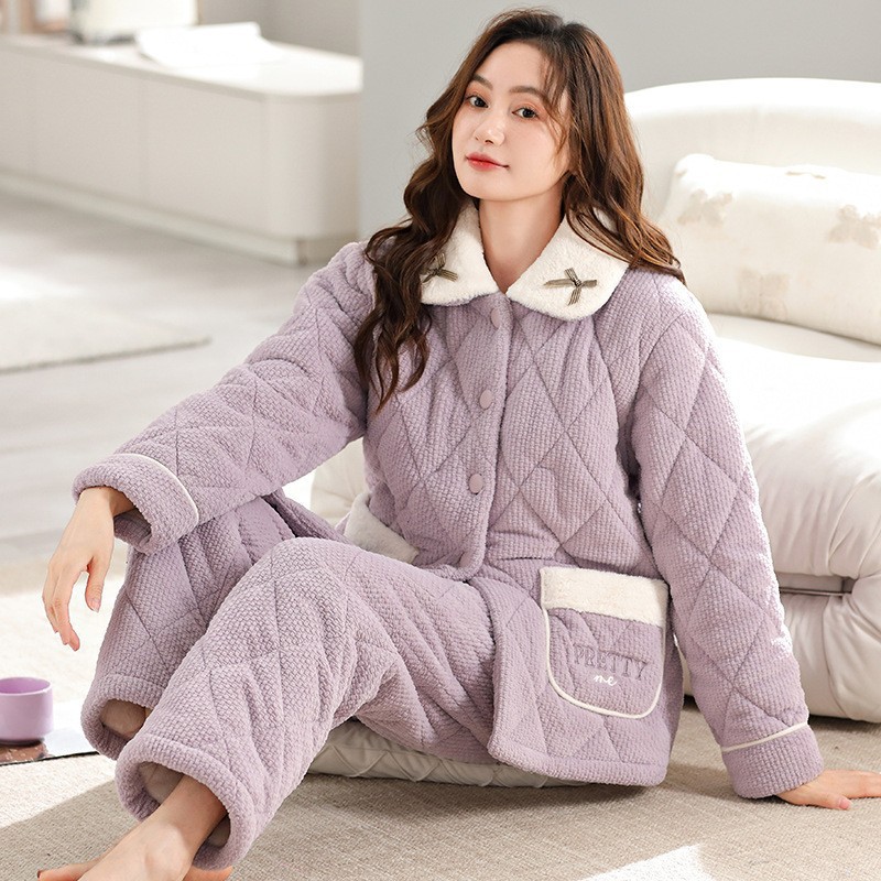 三层夹棉睡衣女士棉袄法兰绒套装