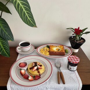 Tuxton正品复古红色线条餐盘咖啡杯系列美食早餐咖啡厅西式餐具