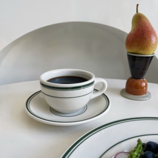Tuxton绿湾系列绿色线条陶瓷圆形咖啡杯碟拿铁拉花杯美式咖啡杯碟