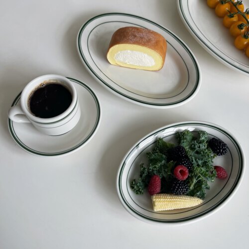 Tuxton绿湾系列绿色线条椭圆形釉下彩陶瓷餐盘 美式西餐盘 鱼盘