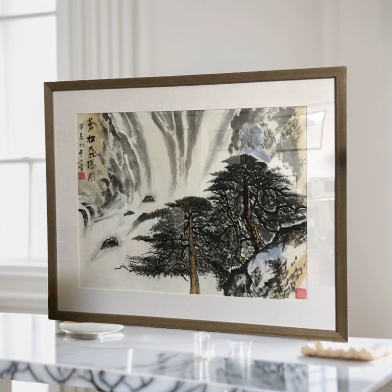 山水画苍松飞瀑图名家亲笔手绘客厅书房挂画装饰摆件