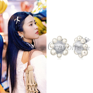 中餐厅沈月同款耳环甜酷辣妹海花珍珠拉丝工艺设计感耳钉耳坠耳饰