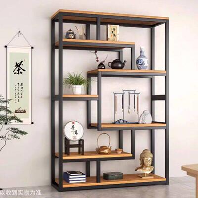 简约现代博古架茶柜置物架实木色茶叶茶具铁艺展示柜中式客厅书架