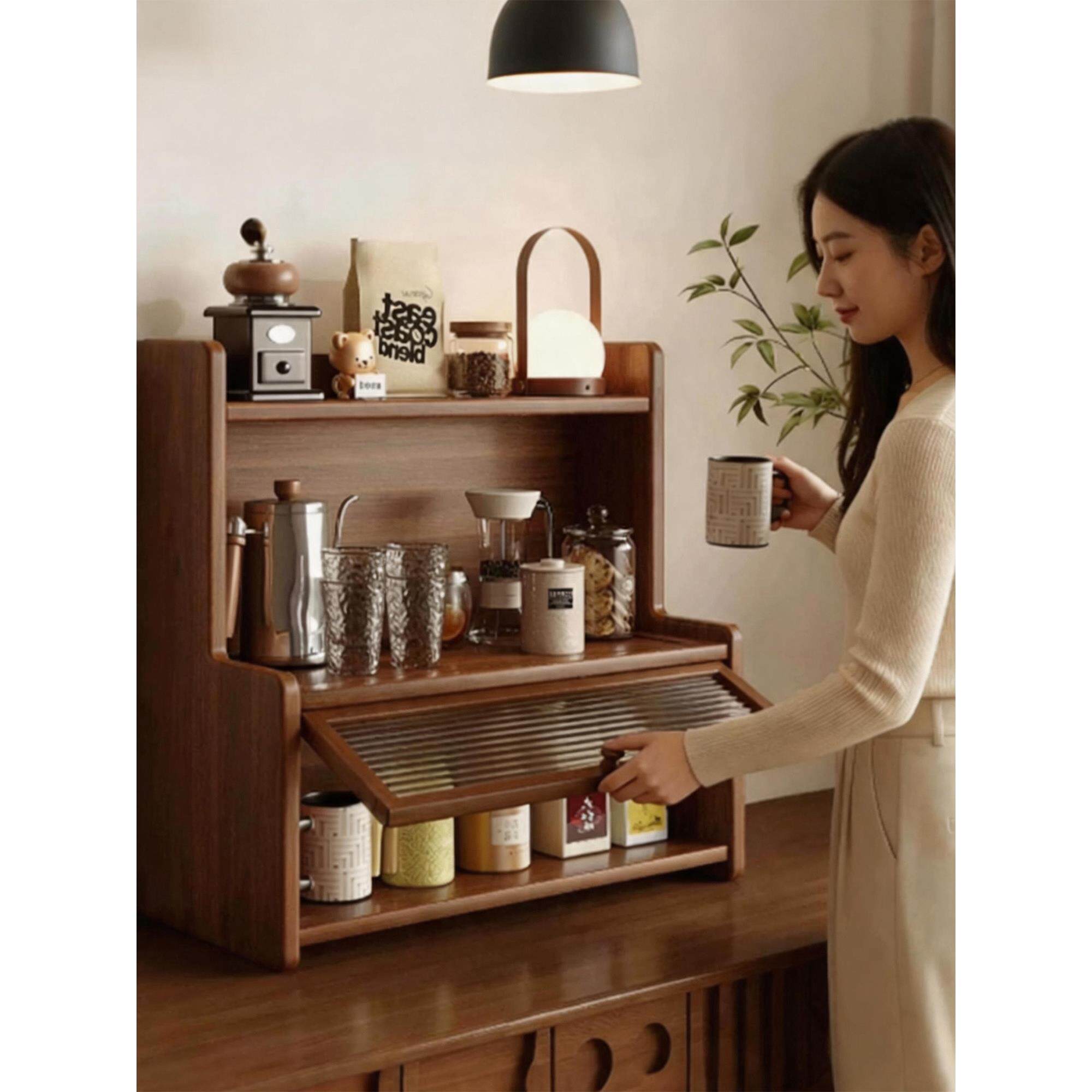 实木餐桌上收纳置物架长虹玻璃防尘杯架台面展示架咖啡杯储物柜子