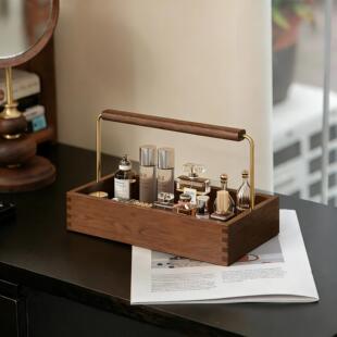 实木化妆品收纳盒梳妆台高级感桌面置物架大容量轻奢带手提复古风