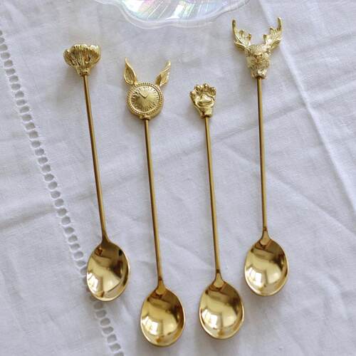 梦田良品北欧樱花猫爪金色咖啡勺