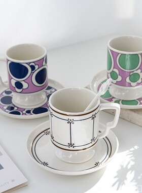 [梦田良品]中古风vintange复古高脚花朵陶瓷咖啡杯碟/马克杯/送勺