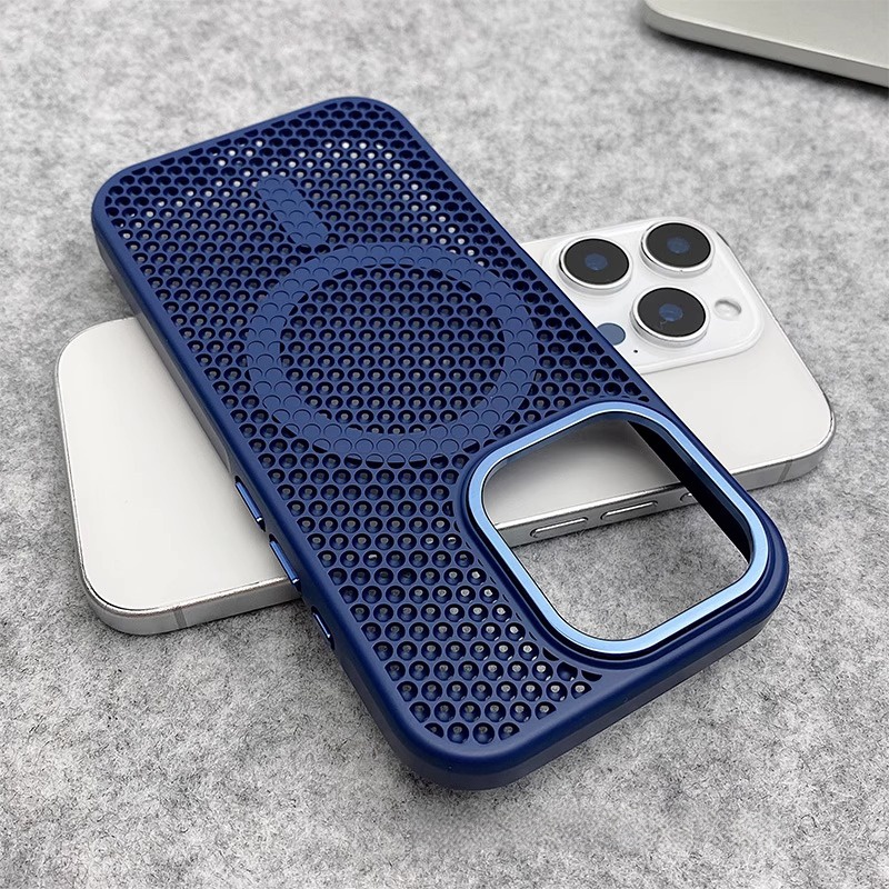磁吸充电散热蜂窝透气适用iPhone15苹果16pro手机壳max海军蓝色15plus镂空14防摔13金属镜框2高级简约Magsafe