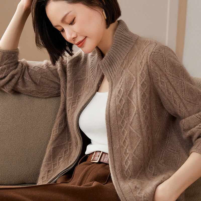 翻领拉链山羊绒开衫女毛衣25秋冬新款加厚高领宽松羊毛针织衫外套