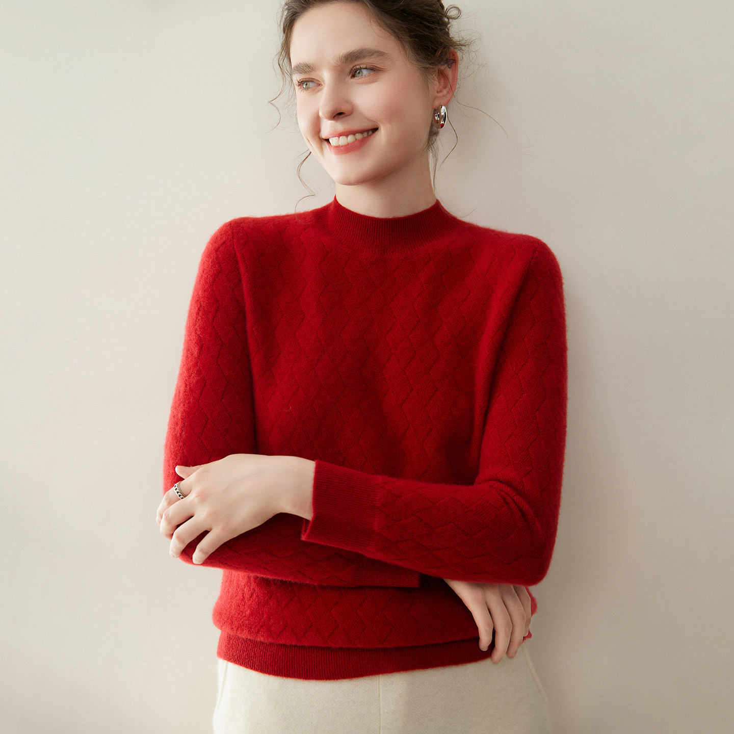 菱形格100%纯山羊绒针织打底毛衣女简约半高领长袖针织羊绒衫,女装/女士精品,羊绒衫,淘宝优惠券,粉丝福利购,淘宝优惠卷