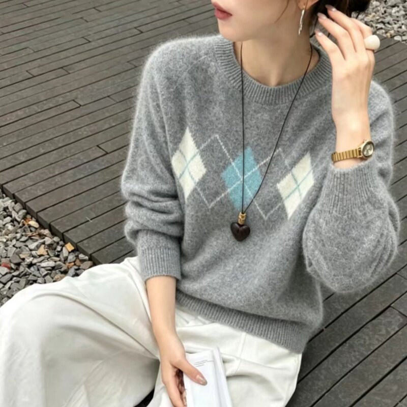 秋冬拉毛100%纯羊毛衫学院风菱形针织衫女圆领套头毛衣宽松打底衫