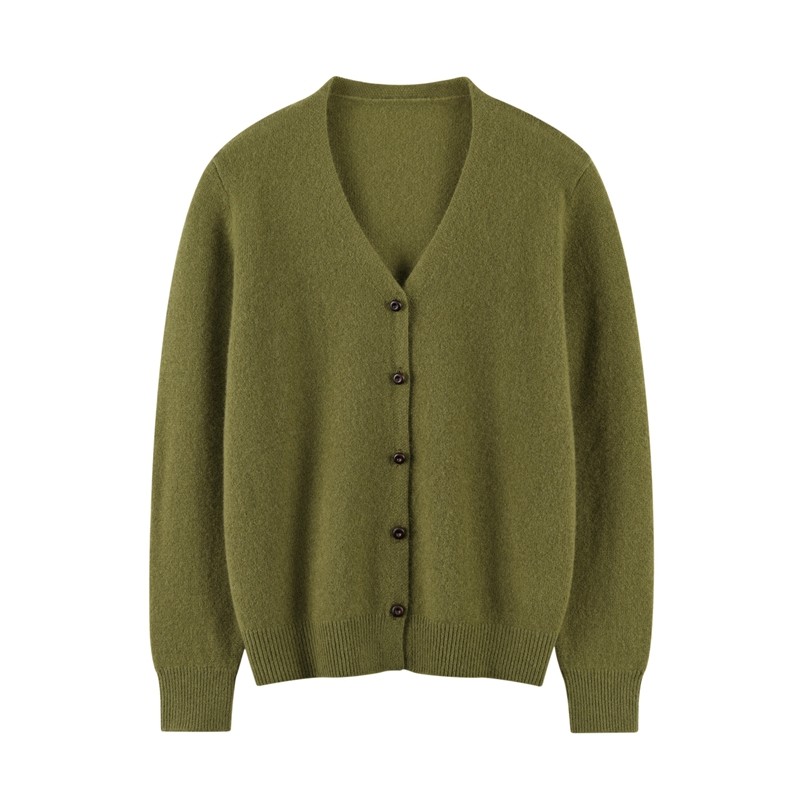 康赛妮100%山羊绒针织开衫简约气质修身秋冬V领系扣毛衣外套叠穿