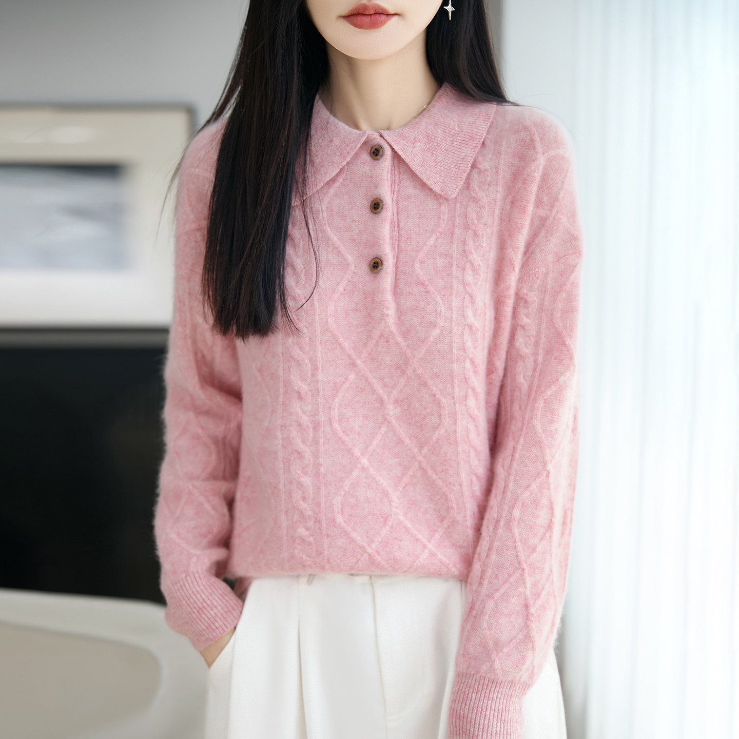 翻领姣花100%纯羊毛针织毛衣女针织衫秋冬减龄加厚羊毛衫百搭上衣