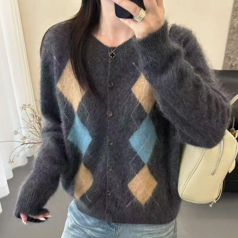 拉毛100%纯羊毛衫菱格针织开衫女秋冬圆领扣子百搭外套长袖上衣