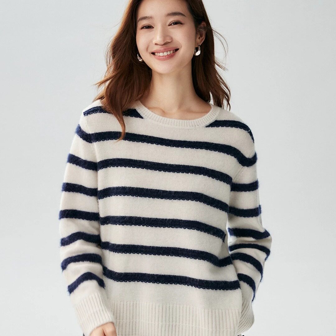 复古拼色条纹山羊绒针织衫女圆领宽松慵懒毛衣保暖打底侧开叉上衣