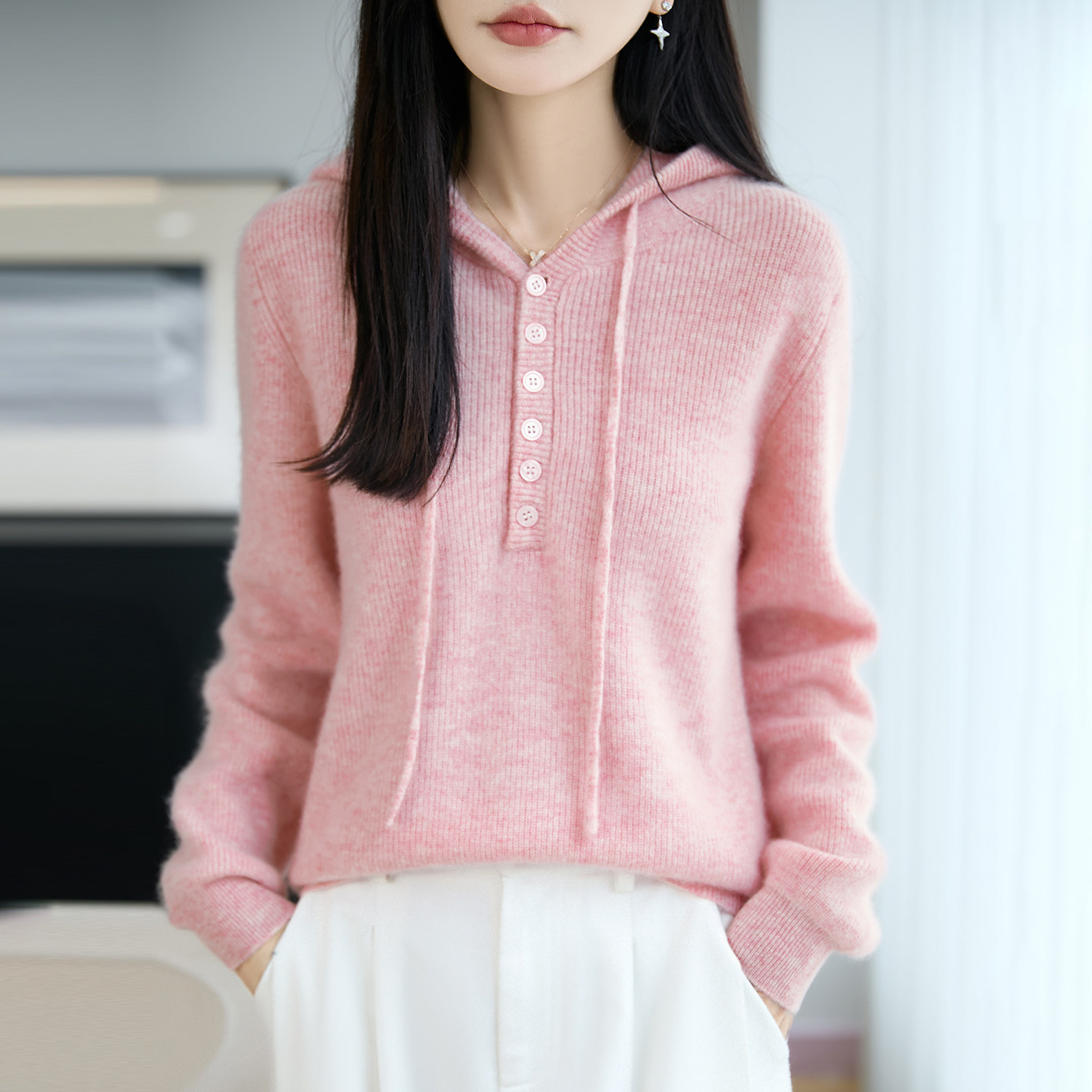 粉色高级感连帽100%纯羊毛针织毛衣女内搭外穿羊毛衫秋冬款打底衫