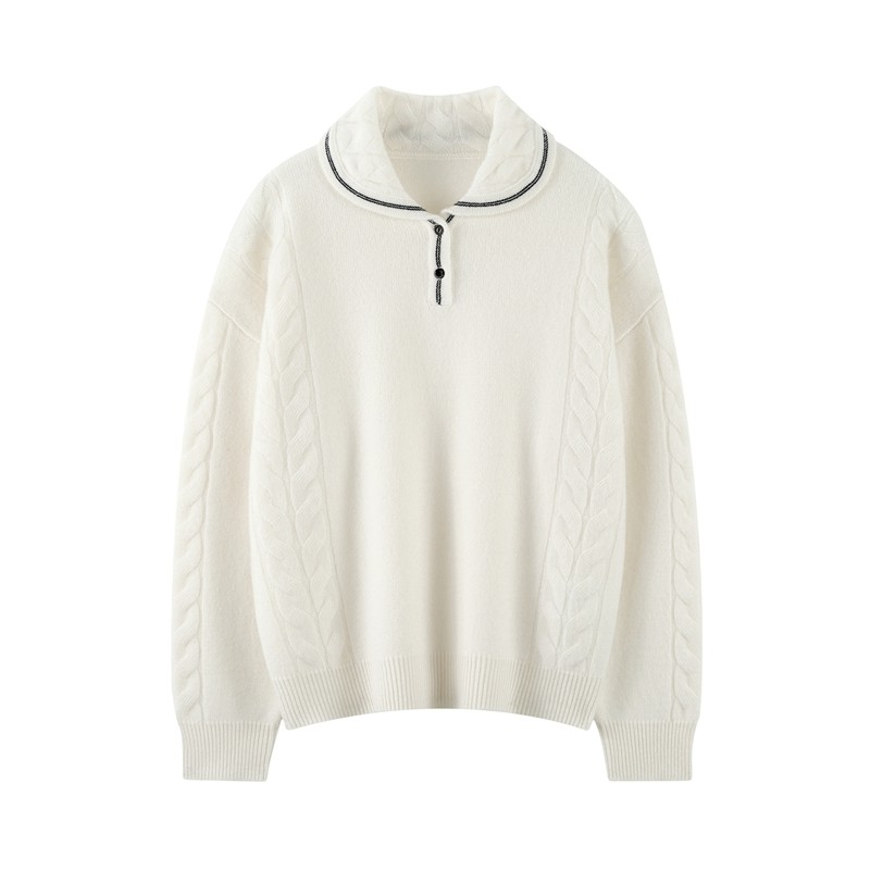 康塞妮100%山羊绒衫女通勤娃娃领宽松拼色针织毛衣纯羊绒上衣厚款