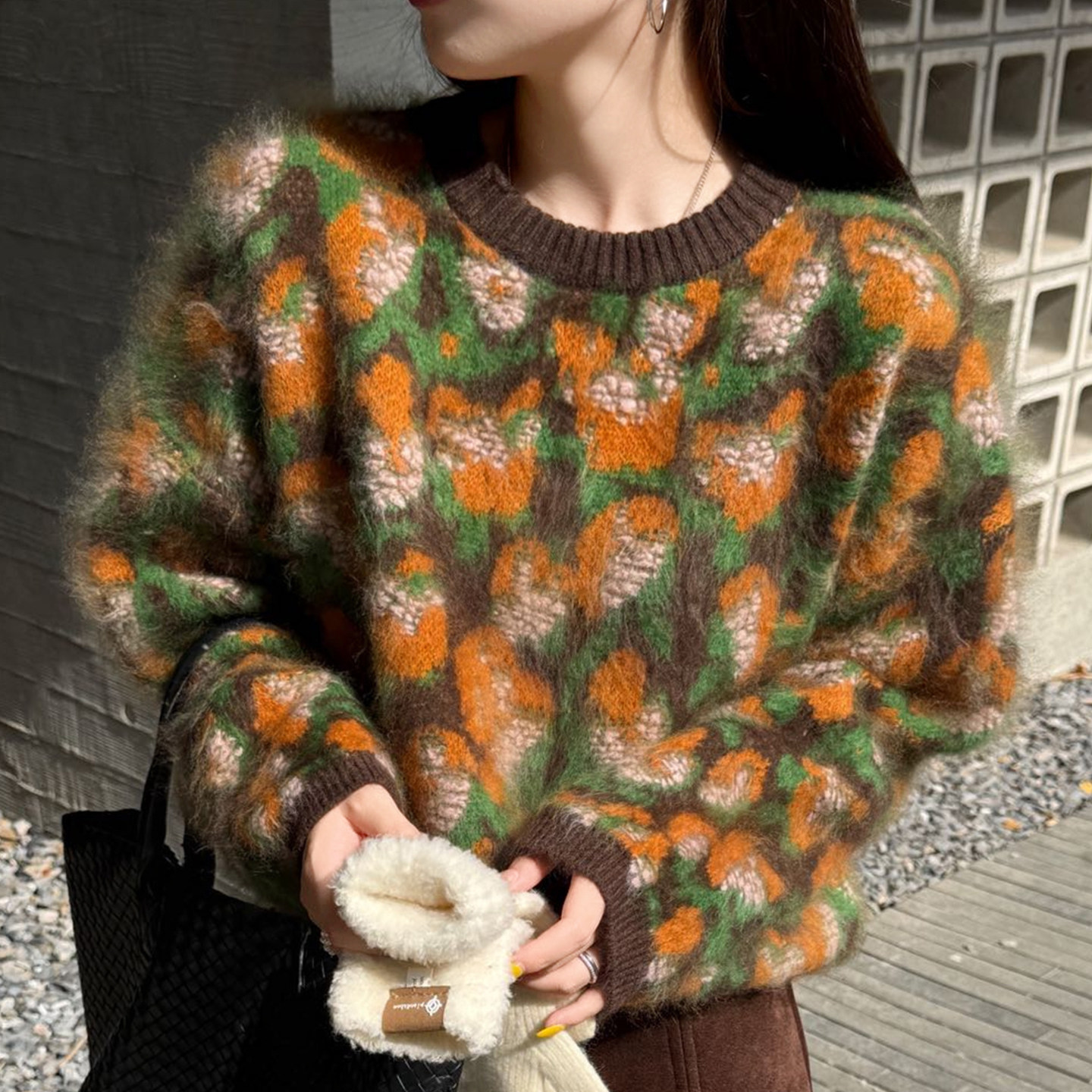 复古温柔风拼色柠檬织花拉绒毛衣女圆领拼色针织衫套头毛绒上衣