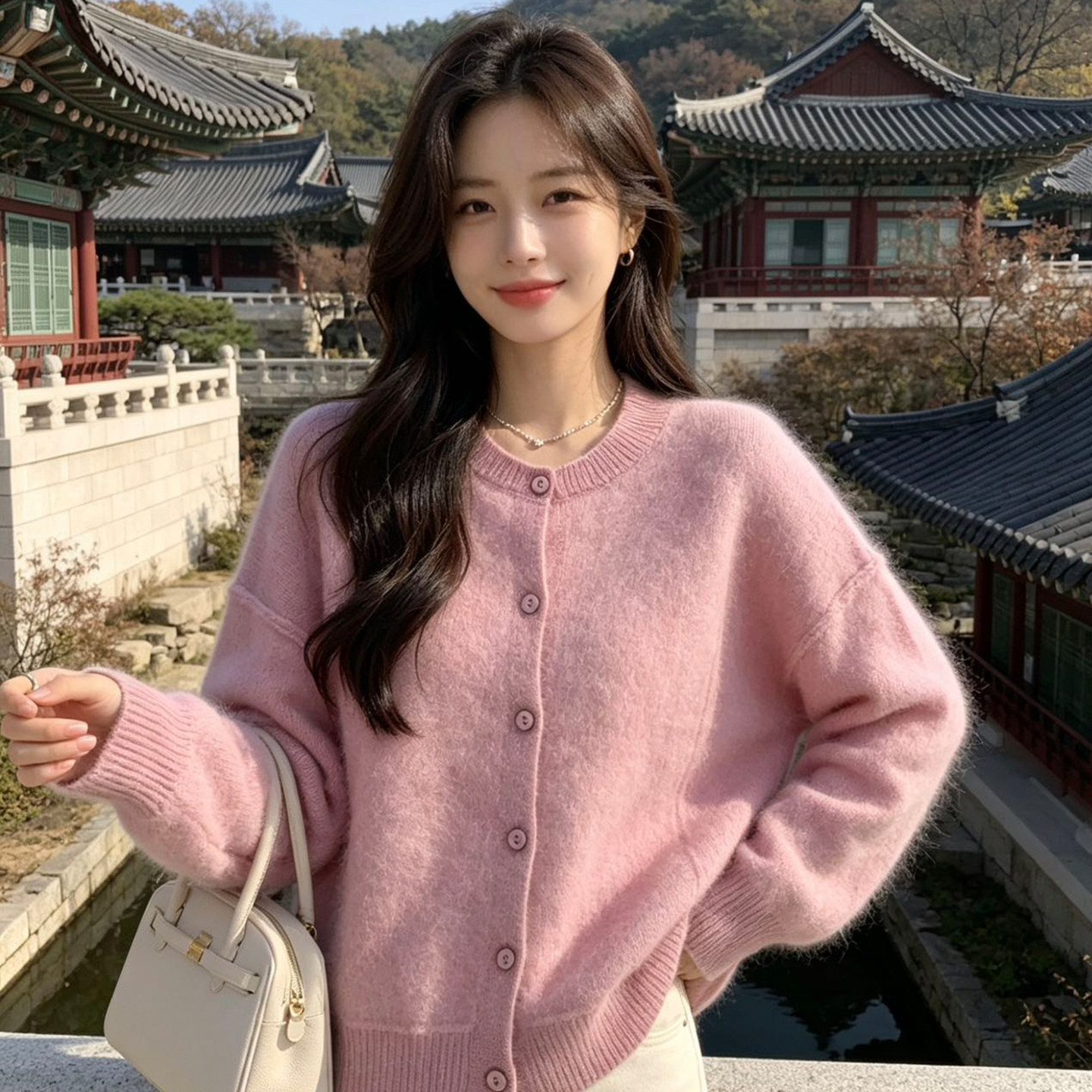 新款拉绒开衫女装高端圆领加厚白色针织拉毛上衣羊绒毛衣外套