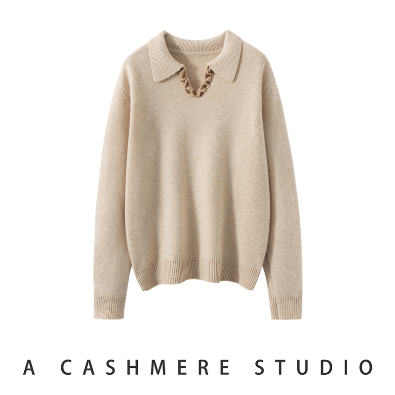 秋冬新款100山羊绒女PoloV领韩版复古钉珠加厚毛衣气质百搭款毛衣,女装/女士精品,羊绒衫,淘宝优惠券,粉丝福利购,淘宝优惠卷