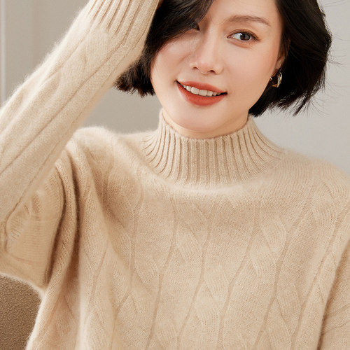 姣花半高领羊绒衫女毛衣2026秋冬新款加厚宽松羊毛针织衫上衣百搭