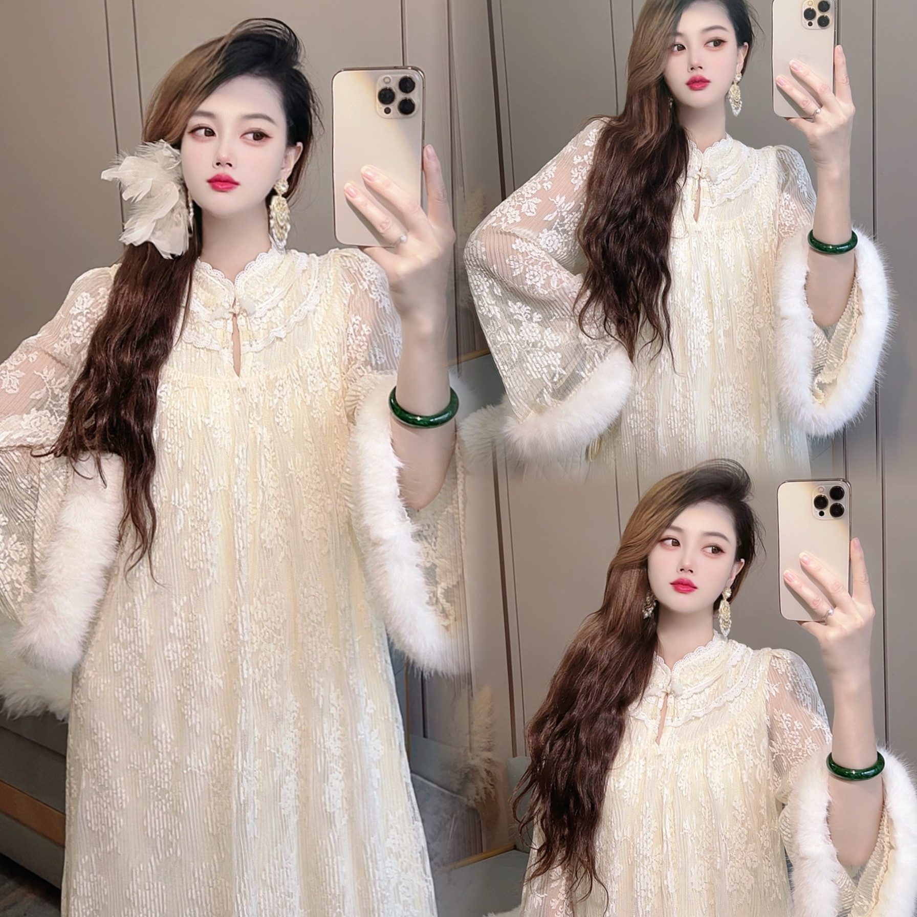 小姐姐秋冬温柔风毛毛蕾丝连衣裙仙女春秋气质高级感法式绝美长裙