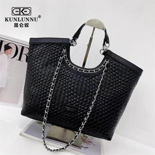 昆仑奴女包超纤真皮菜篮子手提包2025新款编制托特包大容量单肩包