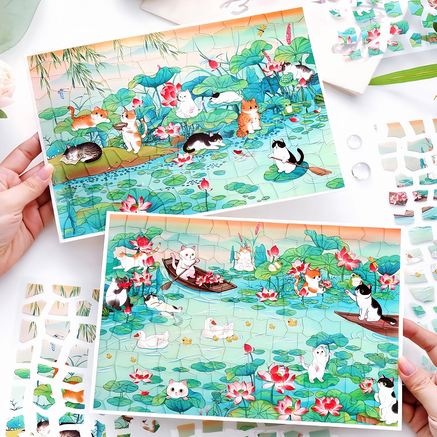 infeelme旧物修复师造景贴纸猫与荷塘微缩场景手工解压古风贴画