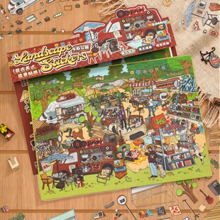 芯陌复古美式造景贴纸大号午后公园街道露营微缩场景贴画高难度