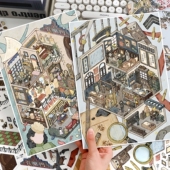 艺蓝造景贴纸128.0复古民国立体小屋百乐门微缩场景解压贴画古风