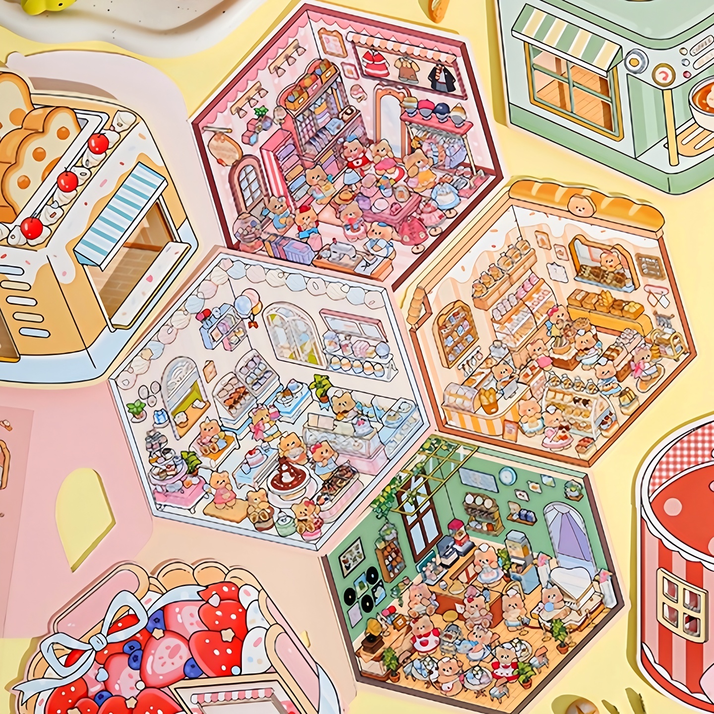 方岛奶油小熊造景贴纸大号卡通立体3d小屋微缩拼贴场景收纳贴画