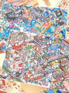芯陌乐园造景贴纸大号美食一条街水上游乐园街道微缩场景diy贴画