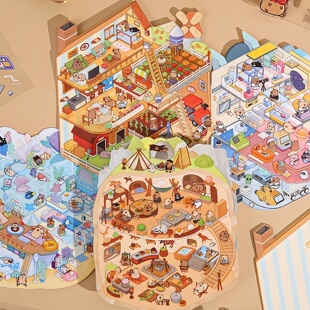 方岛卡皮巴拉箱庭系列造景贴纸微缩场景3d小屋立体可爱解压贴画