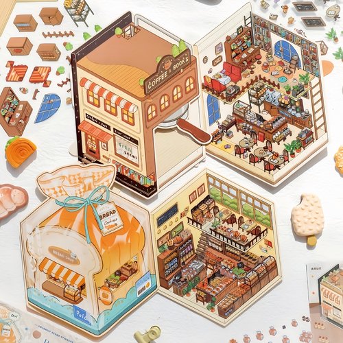 暮光微缩小店折页翻盖造景贴纸大号微缩场景3d立体小屋高难度贴画