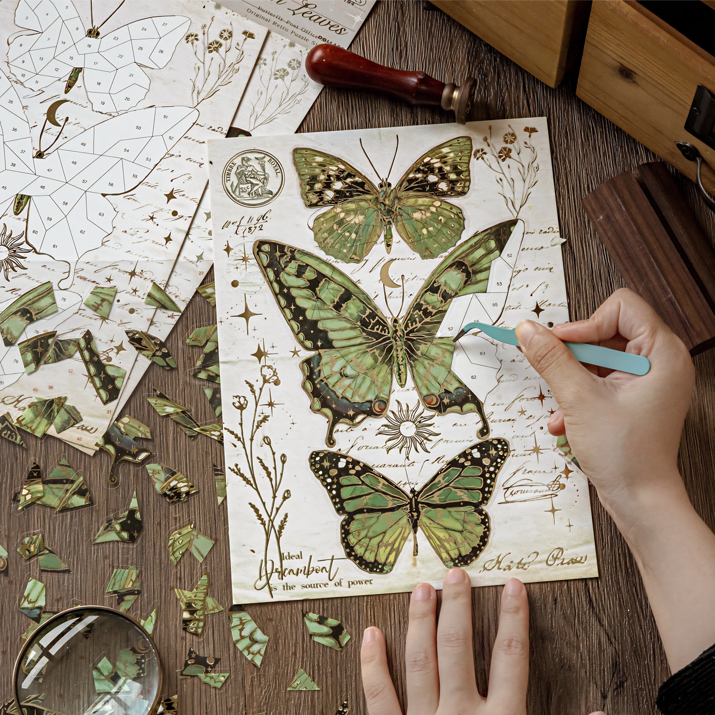 陌墨蝴蝶邮局PET拼图造景贴纸古风高难度蝴蝶修复场景微缩diy贴画