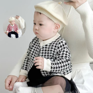 宝宝开衫毛衣2025春秋新款儿童婴儿衣服千鸟格针织开衫男女童外套