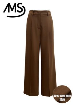 M家 褶皱高腰通勤百搭显瘦阔腿裤羊毛醋酸混纺休闲直筒西装裤女