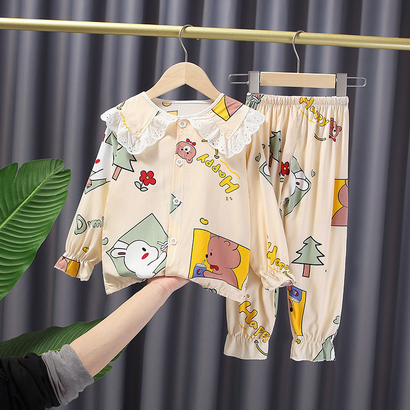 夏季儿童睡衣棉绸套装绵绸家居服薄款女童宝宝女孩飞飞袖长袖蕾丝|ruв категории Детская одежда, детей дома, одежду, домашнего костюм - от Buy2taobao.com для оказания профессиональной услуги покупки агента Taobao