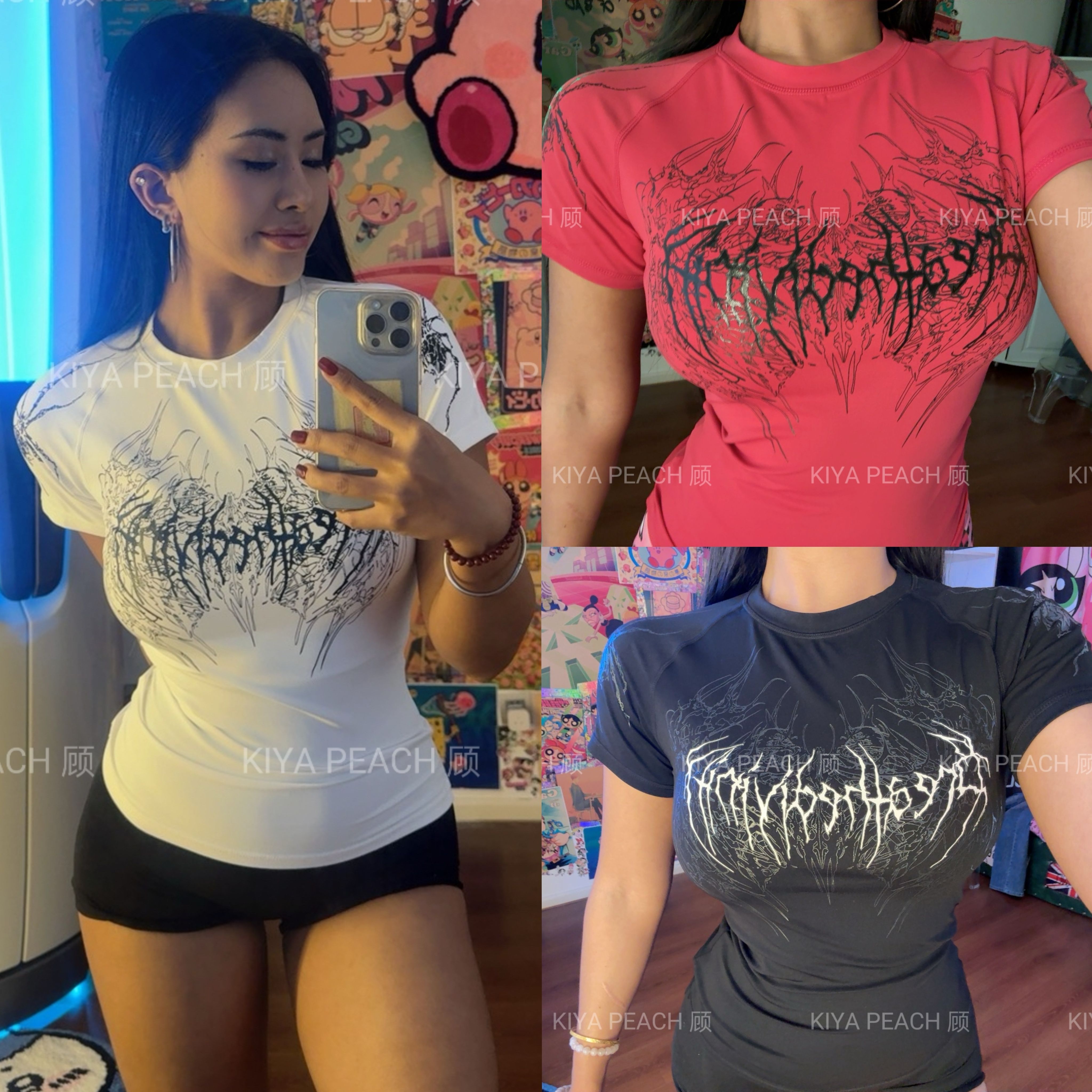 KIYA PEACH 顾恶魔哥特风短袖紧身高弹运动透气健身衣T恤