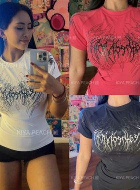 KIYA PEACH 顾恶魔哥特风短袖紧身高弹运动透气健身衣T恤