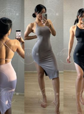 KIYA PEACH 顾欧美侧面开叉连衣裙女美背性感健身运动包臀裙