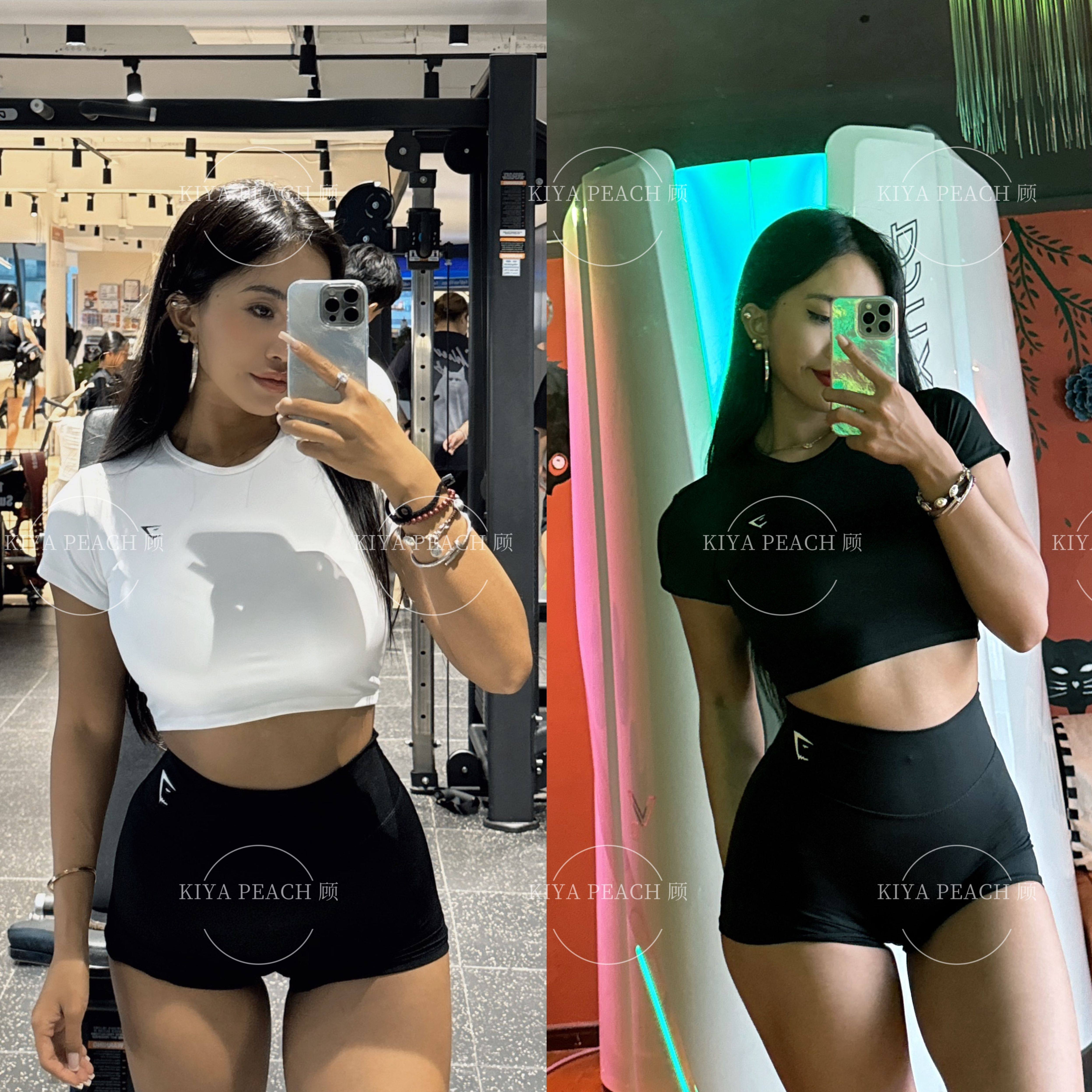 KIYA PEACH 顾鲨鱼紧身高弹裸感速干跑步健身瑜伽T恤无胸垫短袖女