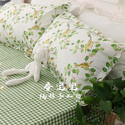 春夏新款绿色格子老粗布帆布全棉床单粗布凉席三件套枕套单件包邮