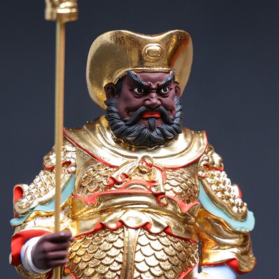 桧木精雕贴金彩绘周仓关平神像关公左右护法将军摆件家居装饰品