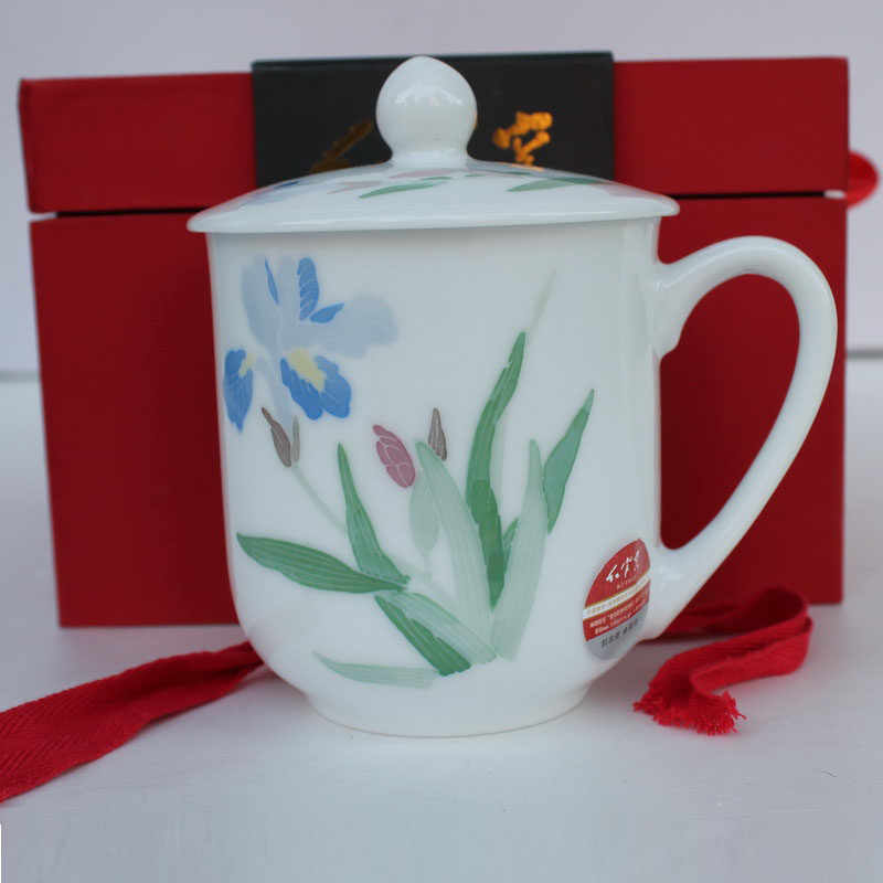 醴陵瓷器红官窑釉下彩手绘泡茶人大杯厚薄款 陶瓷带盖办公室水杯