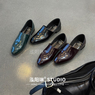阳琳～墨绿漆皮乐福鞋女款2026春季新款皮面一脚蹬小皮鞋懒人单鞋