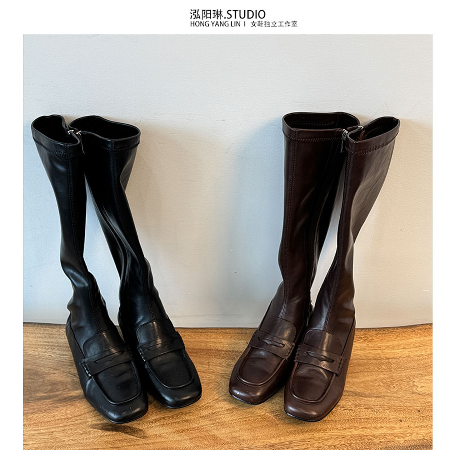 泓阳琳~巨好看真皮靴子长筒靴女2025新款方头平底高筒瘦瘦骑士靴